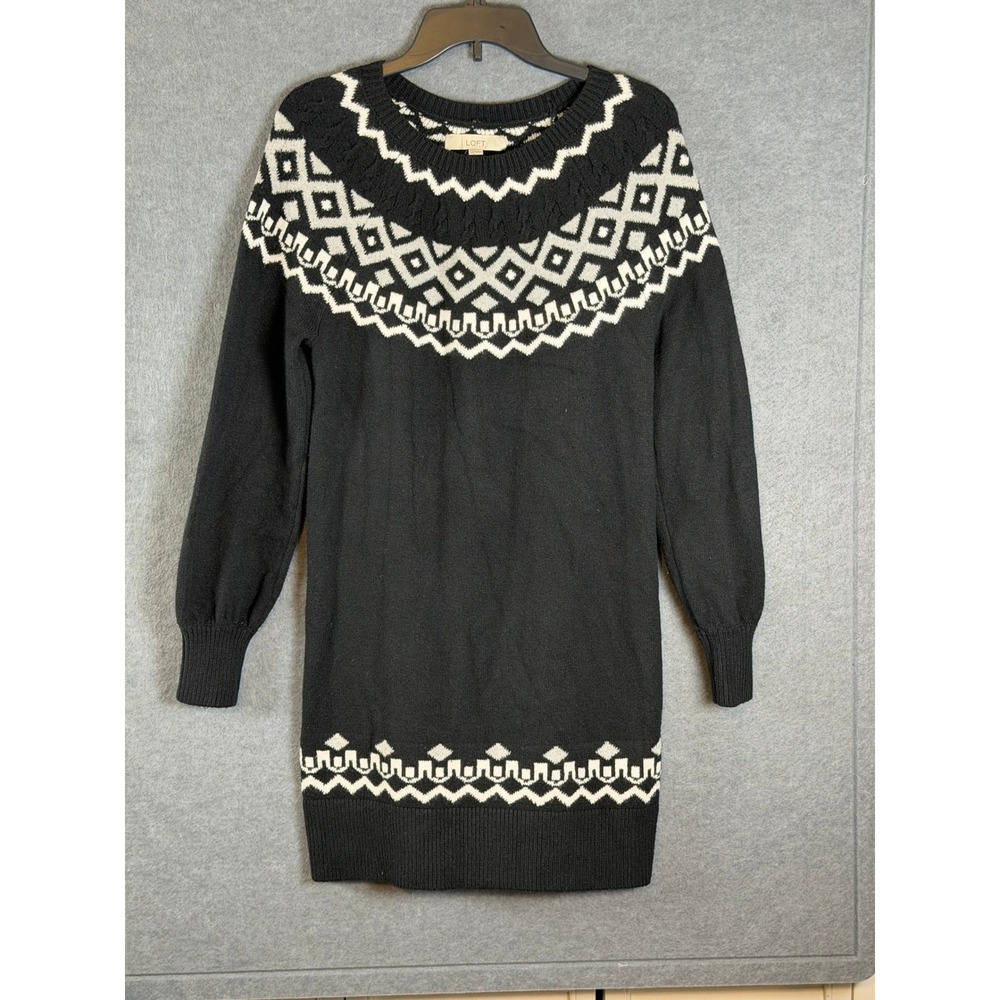 LOFT Sweater Dress XS Black White Fair Isle‎ Geometric Knit Mini Cozy Winterwear